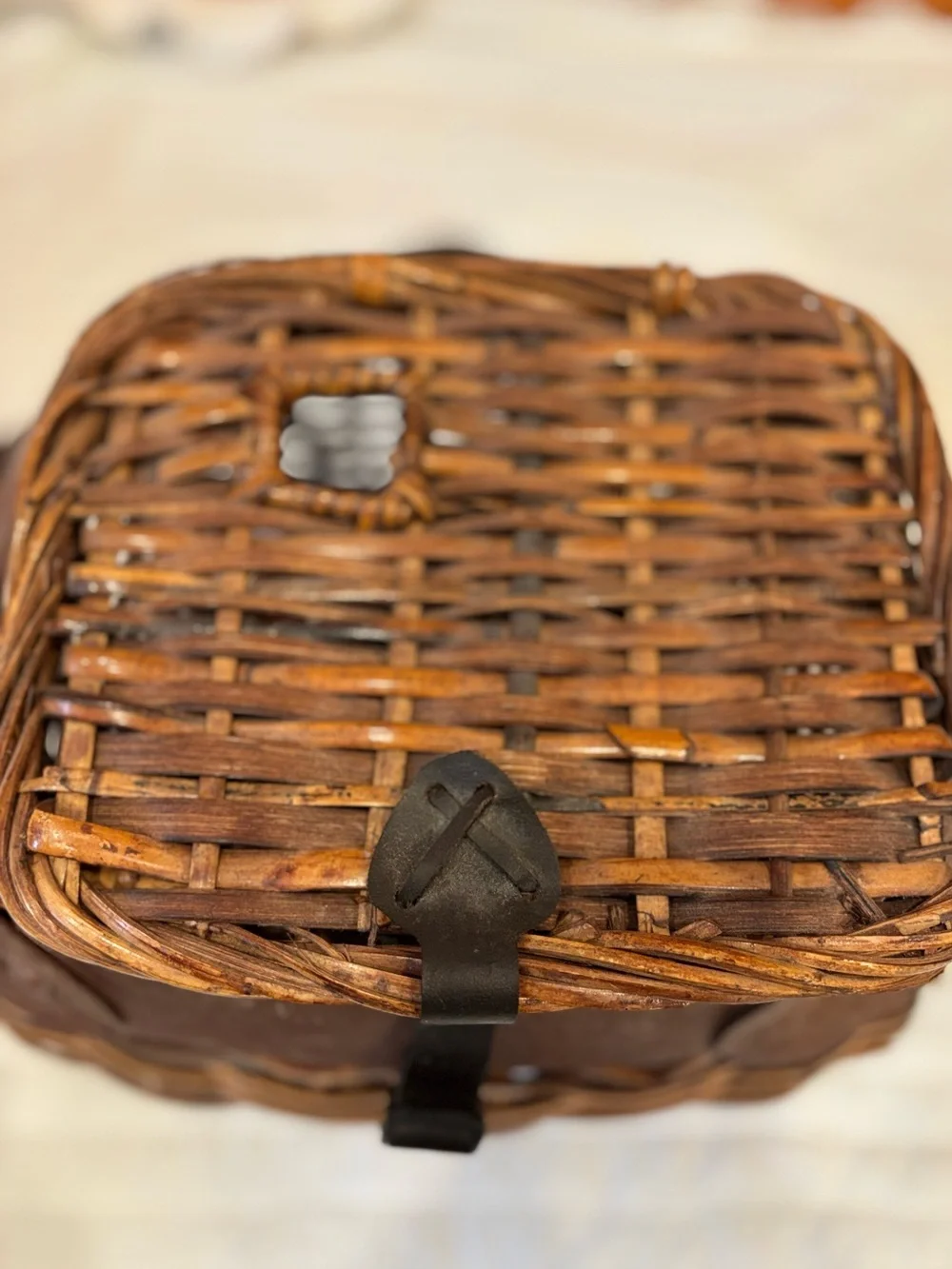 Vintage Wicker Fishing Creel Basket Leather Trim Shoulder Strap Cottagecore